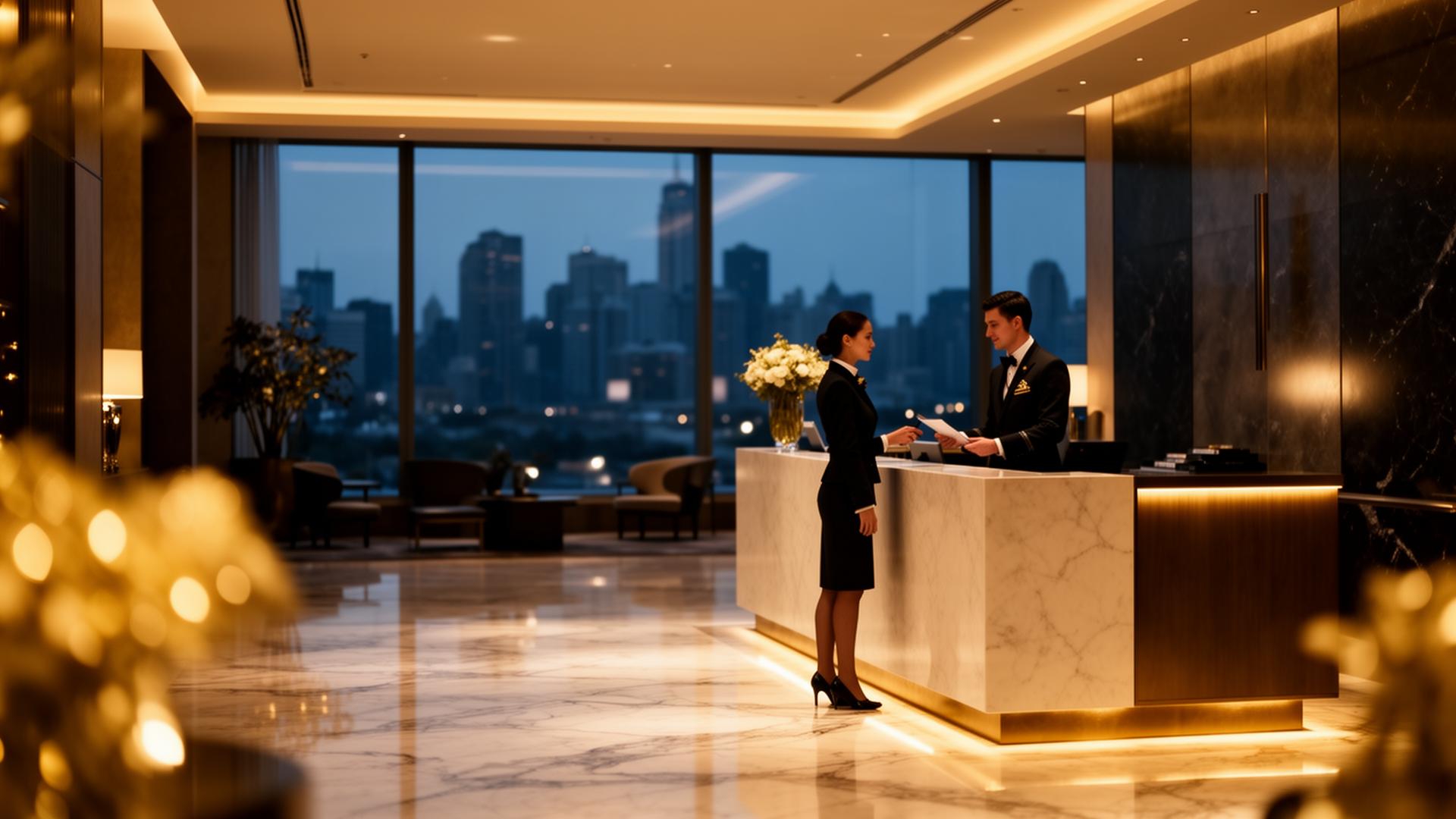 Modern luxury hotel lobby at dusk